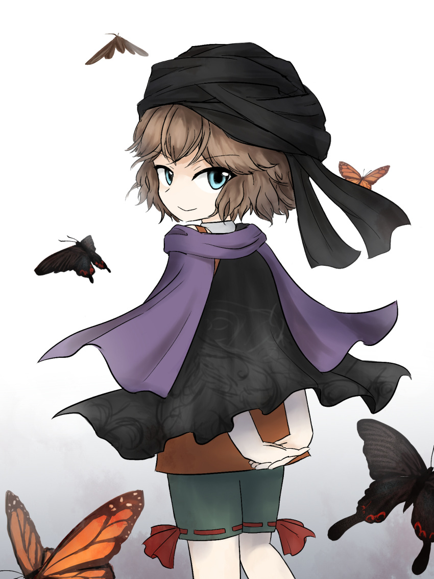 1other androgynous arms_behind_back bandana black_bandana black_butterfly black_cape blue_eyes brown_hair bug butterfly cape cine_hamal closed_mouth collared_shirt commentary_request cowboy_shot gradient_background green_shorts highres jacket kuroda_(kurota_ne) kuzu_suzumi len'en looking_at_viewer looking_back monarch_butterfly orange_butterfly orange_jacket other_focus own_hands_together purple_scarf red_ribbon ribbon ribbon-trimmed_shorts ribbon_legwear ribbon_trim scarf shirt short_hair shorts simple_background sleeveless sleeveless_jacket smile solo turban white_background white_shirt