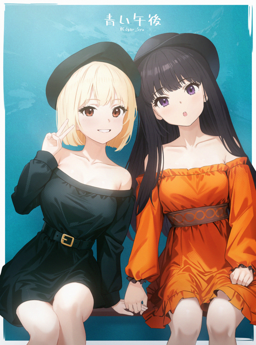 2girls absurdres black_dress blonde_hair blush dress edgar_syu hat highres holding_hands inoue_takina long_hair lycoris_recoil multiple_girls nishikigi_chisato purple_eyes red_eyes short_hair sitting straight_hair