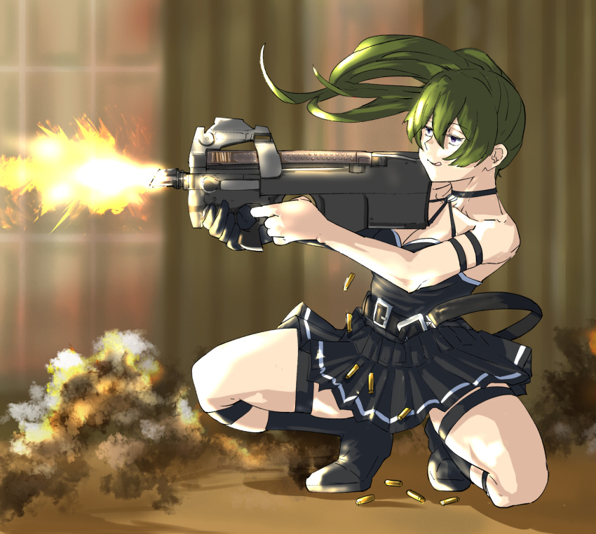 1girl bare_shoulders black_dress choker dress firing green_hair gun gunslinger_girl hair_between_eyes henrietta_(gunslinger_girl) highres long_hair megakura_kinshi purple_eyes side_ponytail sig_sauer sig_sauer_p239 solo sousou_no_frieren submachine_gun ubel_(sousou_no_frieren) weapon