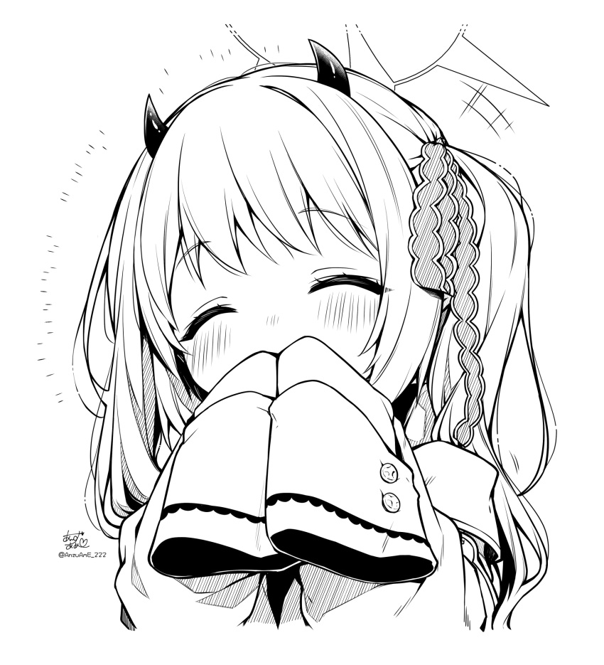 1girl ^_^ anzu_ame blue_archive blush closed_eyes covered_mouth cropped_torso demon_horns greyscale halo highres horns ibuki_(blue_archive) monochrome signature simple_background sleeves_past_fingers sleeves_past_wrists solo twitter_username white_background