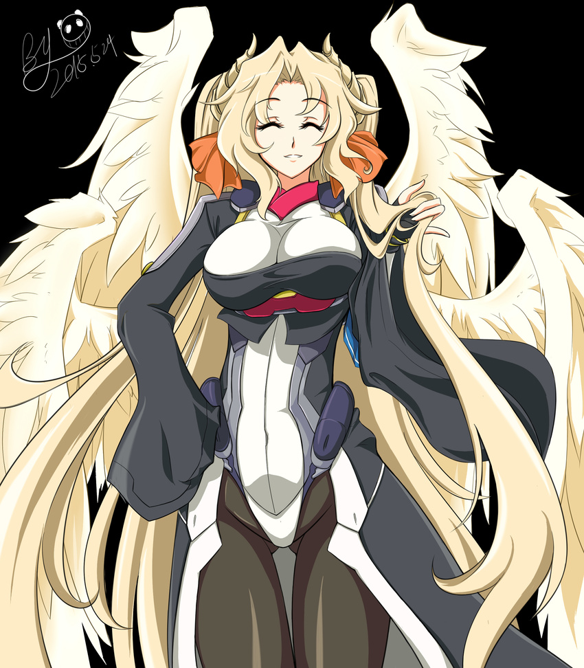 1girl artist_request blonde_hair bodysuit eyes_closed female highres kyoukaisenjou_no_horizon long_hair margot_knight simple_background smile solo wing wings