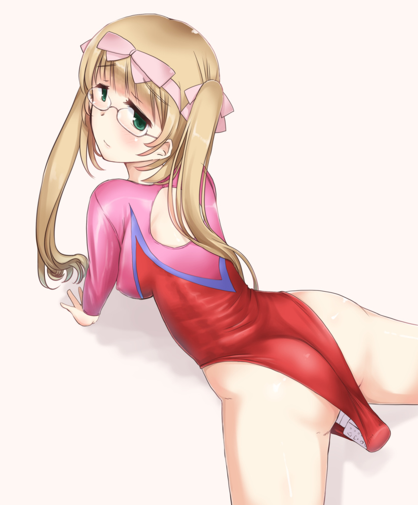 1girl ass blonde_hair blush dildo erect_nipples female glasses green_eyes gymnastics highres leotard long_hair object_insertion original sideboob simple_background solo takaoka_nanase twintails vaginal vaginal_insertion vaginal_object_insertion