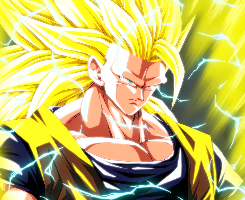 aura blonde_hair blue_eyes dougi dragon_ball dragon_ball_z electricity highres kamishima_kanon long_hair no_eyebrows portrait son_gokuu super_saiyan super_saiyan_3