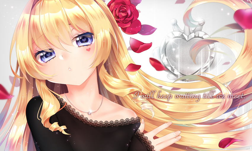 blonde_hair blue_eyes delores_(mvv) english facial_mark heart heart-shaped_pupils jewelry lace lace-trimmed_shirt long_hair looking_at_viewer mvv necklace original petals shirt solo symbol-shaped_pupils