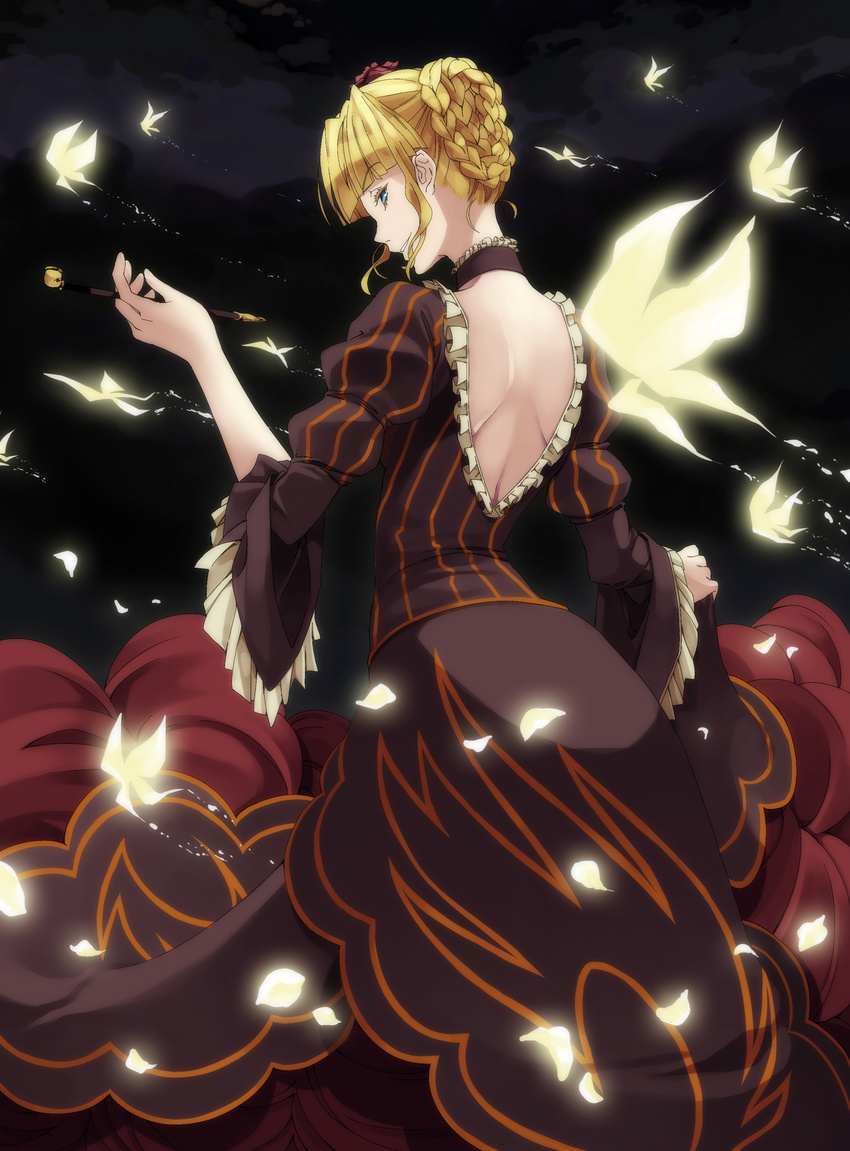 backless_dress backless_outfit beatrice blonde_hair blue_eyes bug butterfly choker dress from_behind hair_bun highres insect kiyumi looking_back petals pipe smile umineko_no_naku_koro_ni wide_sleeves