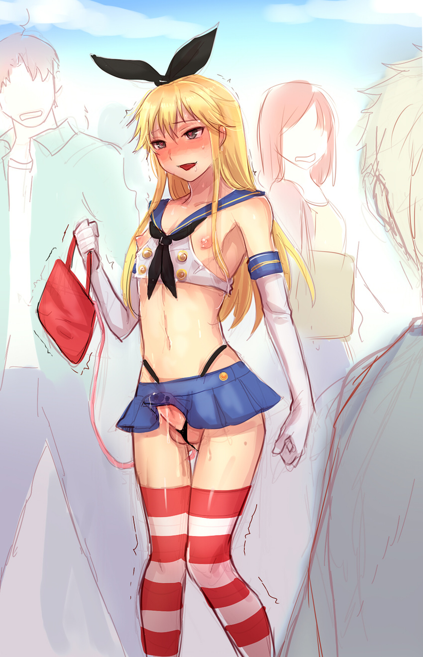 anal anal_object_insertion ass_visible_through_thighs bag black_neckwear black_panties blonde_hair blue_eyes blue_sailor_collar blue_skirt blush breastless_clothes cable controller cosplay crop_top crossdressing crowd day double-breasted drooling elbow_gloves erection exhibitionism flat_chest full-face_blush g-string gloves hairband handbag heart heart-shaped_pupils highleg highleg_panties highres kantai_collection knees_touching long_hair male_focus microskirt navel nipples object_insertion orgasm otoko_no_ko panties penis precum public_vibrator remote_control remote_control_vibrator revealing_clothes sailor_collar shimakaze_(kantai_collection) shimakaze_(kantai_collection)_(cosplay) shirt single_horizontal_stripe skirt sleeveless sleeveless_shirt solo_focus standing striped striped_legwear sweat symbol-shaped_pupils testicles thigh_gap thighhighs thong trembling tsukuru_(seki_sabato) undersized_clothes underwear vibrator wedgie white_gloves white_shirt