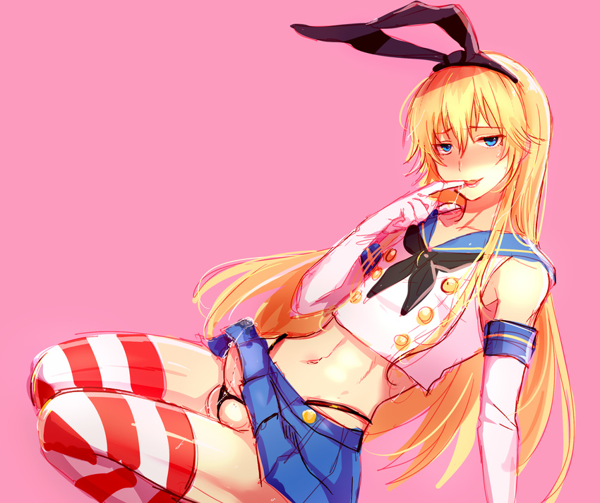 bangs black_hairband black_neckwear black_panties blonde_hair blue_eyes blue_sailor_collar blue_skirt cosplay crop_top crossdressing double-breasted elbow_gloves erection erection_under_clothes finger_to_mouth flat_chest g-string gloves hairband half-closed_eyes hand_up head_tilt highleg highleg_panties highres kantai_collection long_hair looking_at_viewer male_focus microskirt narrow_waist naughty_face navel neckerchief otoko_no_ko panties penis pink_background pleated_skirt precum sailor_collar seiza shimakaze_(kantai_collection) shimakaze_(kantai_collection)_(cosplay) shirt simple_background single_horizontal_stripe sitting skirt skirt_lift sleeveless sleeveless_shirt solo stomach straight_hair striped striped_legwear testicles thighhighs thong toned toned_male tsukuru_(seki_sabato) underwear white_gloves white_shirt