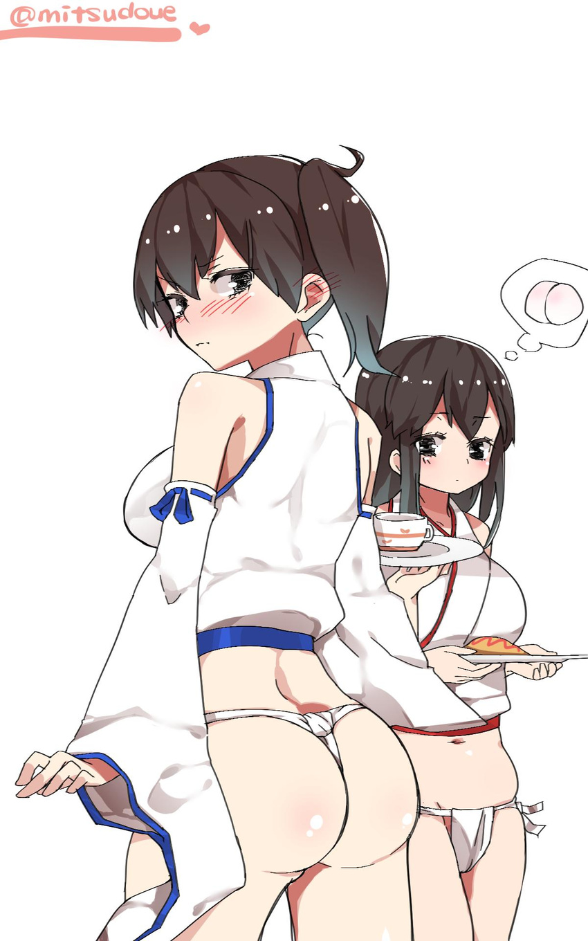adapted_costume akagi_(kantai_collection) alternate_costume arms_at_sides ass asymmetrical_hair bad_id bad_twitter_id blush brown_eyes brown_hair detached_sleeves embarrassed from_behind fundoshi highres inactive_account japanese_clothes kaga_(kantai_collection) kantai_collection long_hair looking_at_viewer looking_back mitsudoue multiple_girls nontraditional_miko ribbon-trimmed_sleeves ribbon_trim shirt short_hair side_ponytail sleeveless sleeveless_shirt