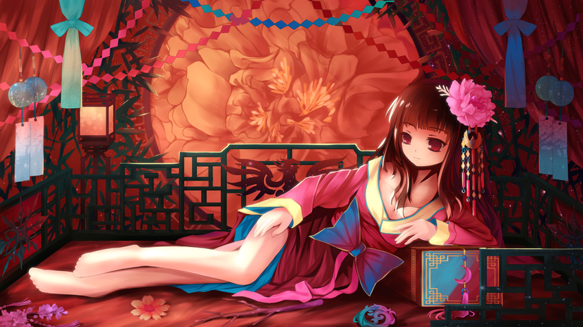 absurdres alternate_costume arm_support bad_id bad_pixiv_id bare_legs barefoot black_hair bow breasts cleavage crescent dead_line flower full_body garland_(decoration) hair_flower hair_ornament highres houraisan_kaguya japanese_clothes lampion long_hair long_sleeves looking_away lying medium_breasts off_shoulder on_side railing red_eyes ribbon solo touhou wide_sleeves wind_chime