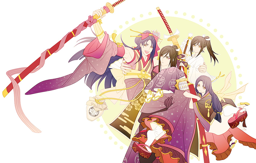 bad_id bad_pixiv_id black_hair carrying detached_sleeves dual_persona flower ginmu gohei gourd hair_flower hair_ornament hair_stick japanese_clothes jirou_tachi long_hair low-tied_long_hair male_focus multiple_boys oonusa ootachi open_mouth ponytail princess_carry smile sword tarou_tachi time_paradox touken_ranbu weapon yellow_eyes younger
