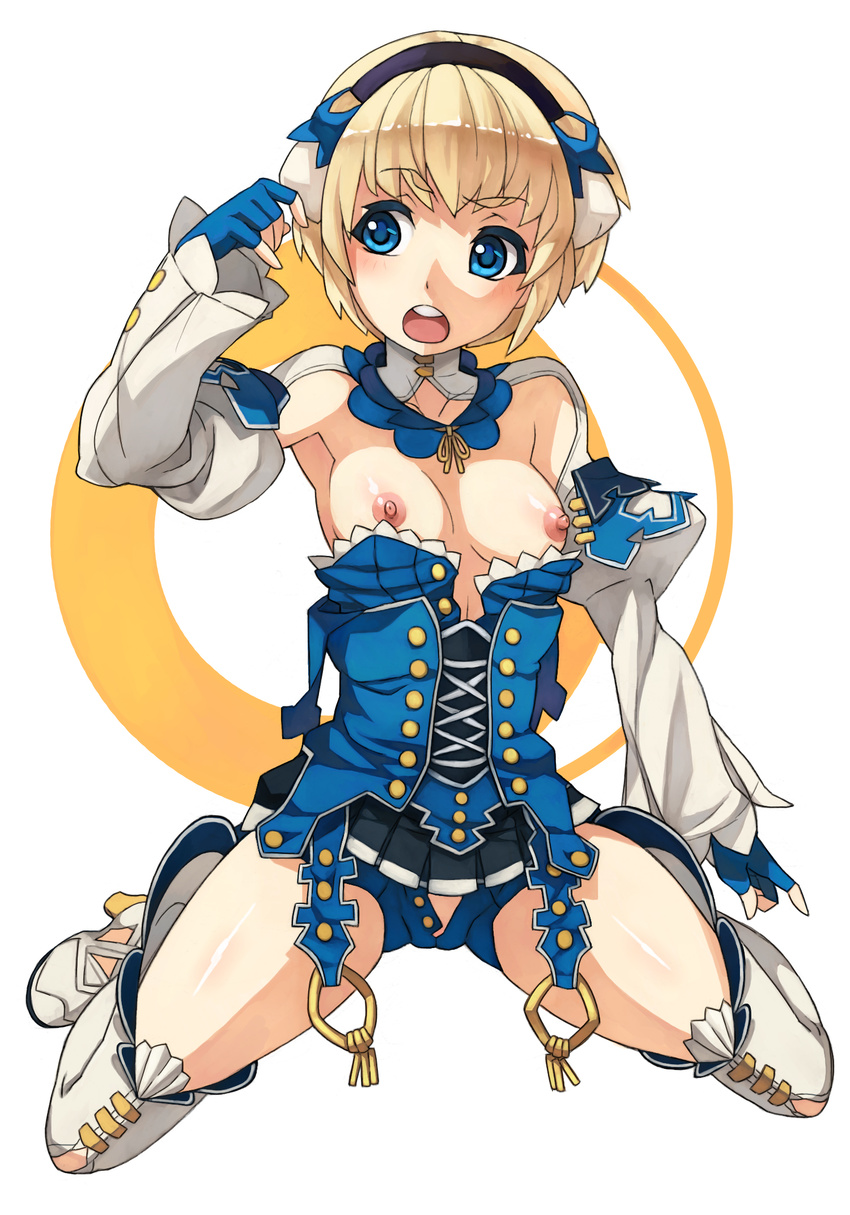 blonde_hair blue_eyes blush breasts breasts_outside claire_(granado_espada) fingerless_gloves gloves granado_espada highres kneeling nipples open_mouth penguin_caee short_hair small_breasts solo thighhighs