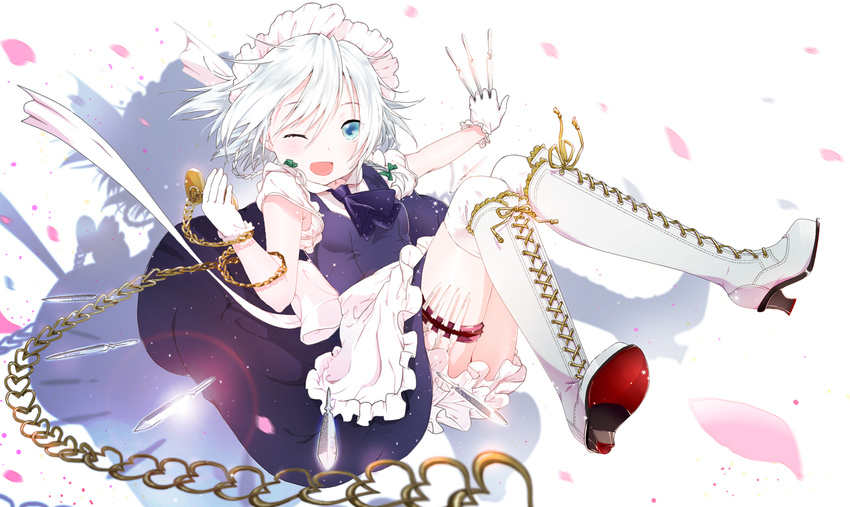 apron ascot bad_id bad_pixiv_id between_fingers blue_dress blue_eyes boots chain cross-laced_footwear dress gloves high_heel_boots high_heels holster izayoi_sakuya knee_boots knife lace-up_boots looking_at_viewer maid maid_headdress one_eye_closed open_mouth over-kneehighs petals pocket_watch silver_hair smile solo thigh_holster thighhighs thighs throwing_knife touhou waist_apron watch weapon white_footwear white_gloves white_legwear yamada_ranga