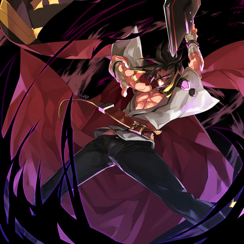 belt black_hair black_pants blazblue blazblue:_chronophantasma cape eyebrows forked_eyebrows highres hyakuhachi_(over3) kagura_mutsuki male_focus open_clothes open_shirt pants purple_eyes shirt solo sword weapon