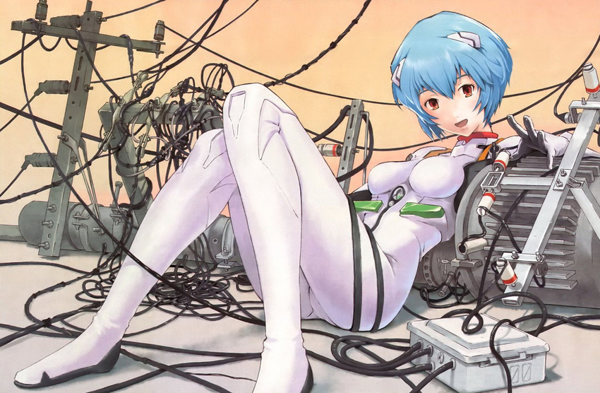 :d ayanami_rei blue_hair bodysuit breasts cable legs looking_at_viewer lying medium_breasts neon_genesis_evangelion open_mouth plugsuit power_lines reclining red_eyes short_hair smile solo tanaka_noel telephone_pole transformer white_bodysuit