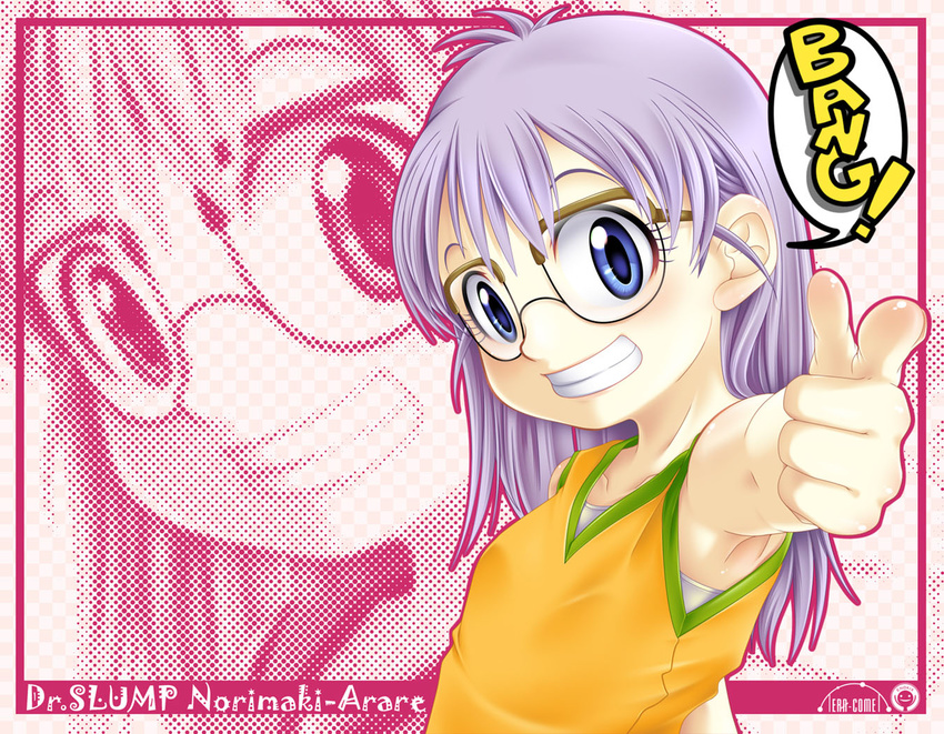 amadera_shizuki armpits blue_eyes dr._slump finger_gun glasses making_of norimaki_arale onomatopoeia purple_hair sleeveless smile solo zoom_layer