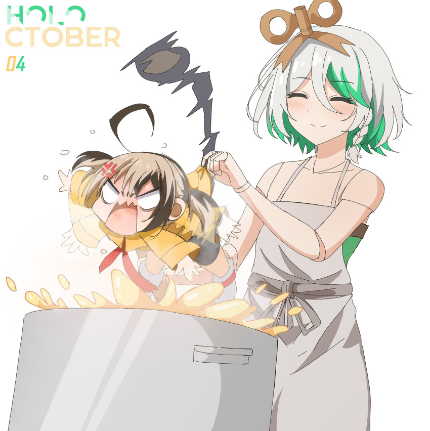 2girls absurdres ahoge anger_vein apron brown_hair cecilia_immergreen closed_eyes colored_inner_hair commentary cooking_pot doll_joints dra_renard english_commentary gigi_murin green_hair grey_hair highres holding_another's_tail hololive hololive_english joints light_brown_hair multicolored_hair multiple_girls smile tail twintails two-tone_hair virtual_youtuber white_background winding_key