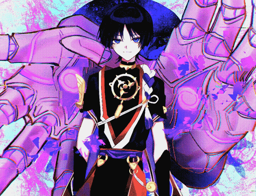 1boy armor arms_at_sides black_bodysuit black_hair black_hole black_kimono black_shorts black_sleeves blunt_ends bodysuit dagashi_aa disembodied_hand doll_joints facing_viewer genshin_impact gold han'eri hand_eye highres japanese_armor japanese_clothes jewelry joints kimono kote kurokote layered_clothes layered_kimono layered_sleeves looking_at_viewer male_focus mandarin_collar mechanical_hands mitsudomoe_(shape) neck_ring o-ring open_clothes open_kimono parted_bangs purple_eyes purple_rope purple_sash purple_sleeves red_kimono red_pupils red_sash rope sash scaramouche_(genshin_impact) shimenawa short_sleeves shorts smile solo tassel tomoe_(symbol) white_rope white_trim