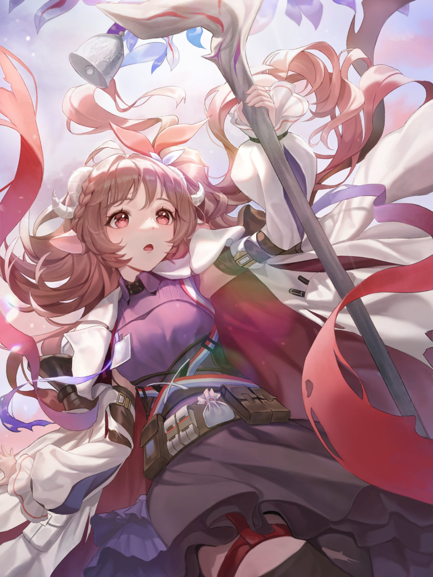 1girl :o ahoge animal_ears arknights arm_up belt belt_pouch black_pantyhose blue_skirt brown_belt brown_hair curled_horns eyjafjalla_(arknights) eyjafjalla_the_hvit_aska_(arknights) floating_hair highres holding holding_staff horns jacket long_hair long_sleeves looking_up open_mouth pantyhose pouch purple_shirt purple_sky red_eyes sheep_ears sheep_girl sheep_horns shirt skirt sky solo staff upper_body wamel_(didwatermelon41) white_horns white_jacket