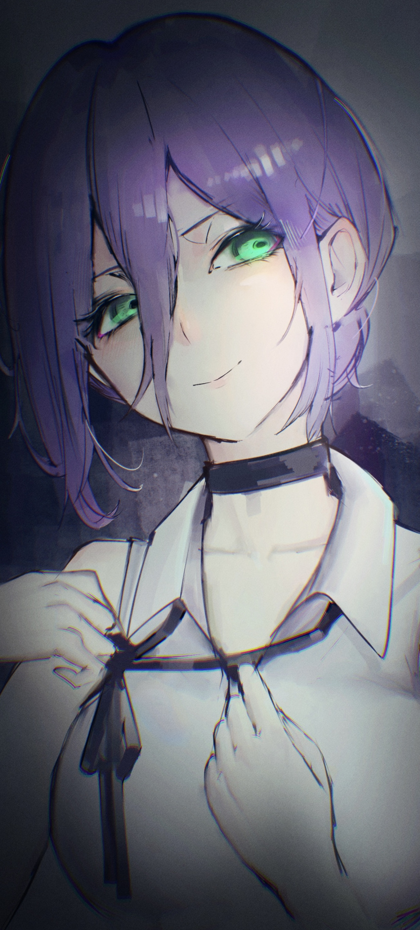 absurdres black_choker black_ribbon chainsaw_man choker closed_mouth collared_shirt green_eyes hair_between_eyes highres neck_ribbon purple_hair reze_(chainsaw_man) ribbon sakuranuts00 shirt sleeveless sleeveless_shirt smile white_shirt