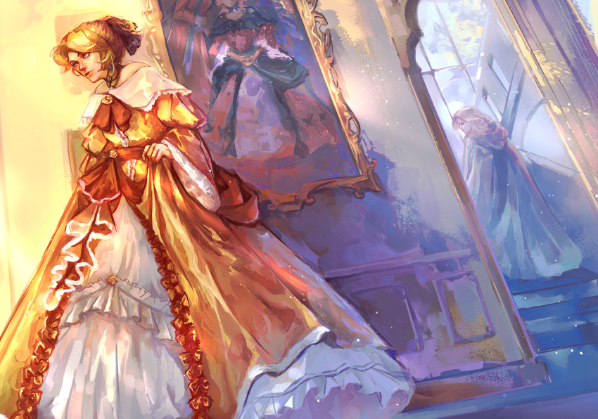1girl 1other aku_no_musume_(vocaloid) ayatheav bare_shoulders black_bow bow choker cloak dress dress_flower earrings evillious_nendaiki faux_traditional_media flower frilled_dress frilled_sleeves frills hair_bow high_ponytail highres hood hooded_cloak indoors jewelry kagamine_rin off-shoulder_dress off_shoulder orange_bow parted_lips petticoat portrait_(object) puffy_sleeves realistic riliane_lucifen_d'autriche rose sidelocks skirt_hold solo_focus stairs swept_bangs updo vocaloid wide_sleeves window yellow_dress yellow_flower yellow_rose