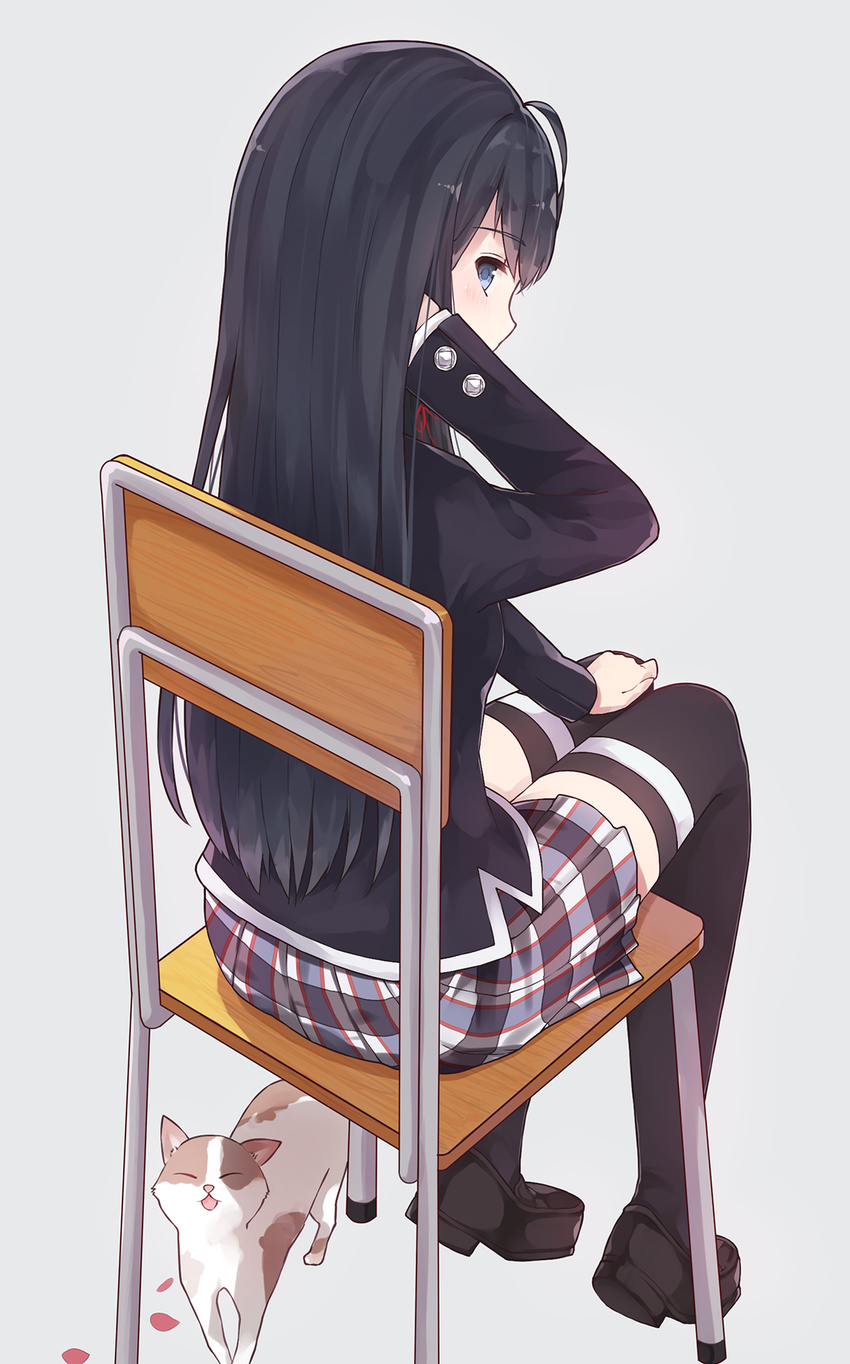 black_hair blazer blue_eyes blush cat chair hair_ribbon highres jacket levi9452 long_hair looking_at_viewer looking_back ribbon school_uniform sitting skirt solo thighhighs yahari_ore_no_seishun_lovecome_wa_machigatteiru. yukinoshita_yukino