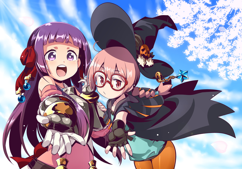 :d ahoge arianna_(sekaiju) armor bare_shoulders black_gloves blush braid chloe_(sekaiju) fingerless_gloves gauntlets glasses gloves hair_ribbon hat looking_at_viewer minami_juujisei multiple_girls open_mouth orange_legwear outstretched_hand pantyhose pink_hair purple_eyes purple_hair red-framed_eyewear red_eyes ribbon sekaiju_no_meikyuu shin_sekaiju_no_meikyuu_2 smile witch_hat