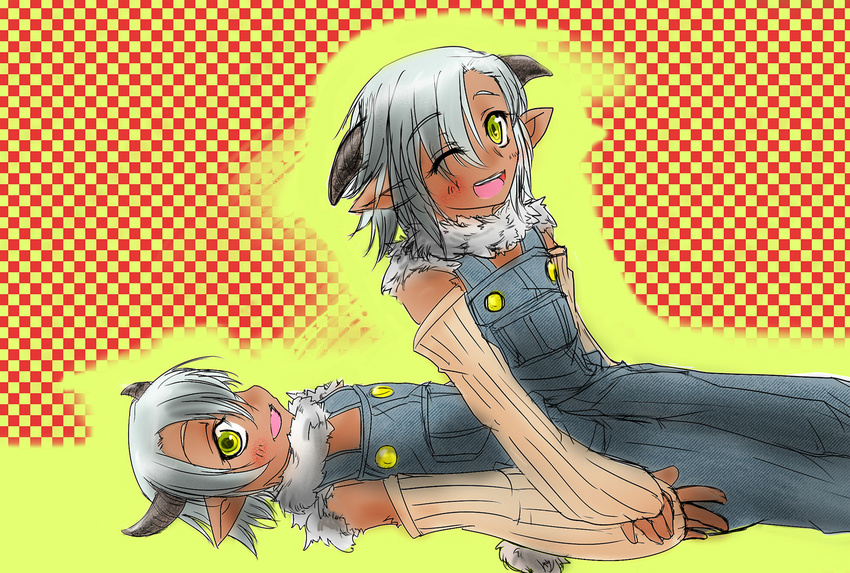 ;d checkered checkered_background cott dark_skin detached_sleeves flat_chest goat_girl goat_horns goat_tail horns lying monster_musume_no_iru_nichijou multiple_girls one_eye_closed open_mouth overalls pointy_ears siblings silver_hair sisters sitting sketch smile surappi tail tawn twins yellow_eyes