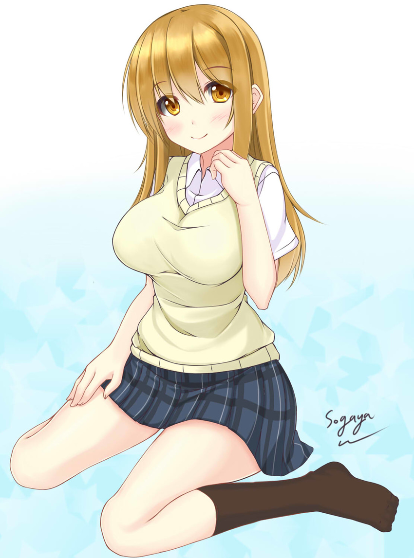 blonde_hair eyebrows_visible_through_hair highres long_hair original school_uniform sogaya solo yellow_eyes