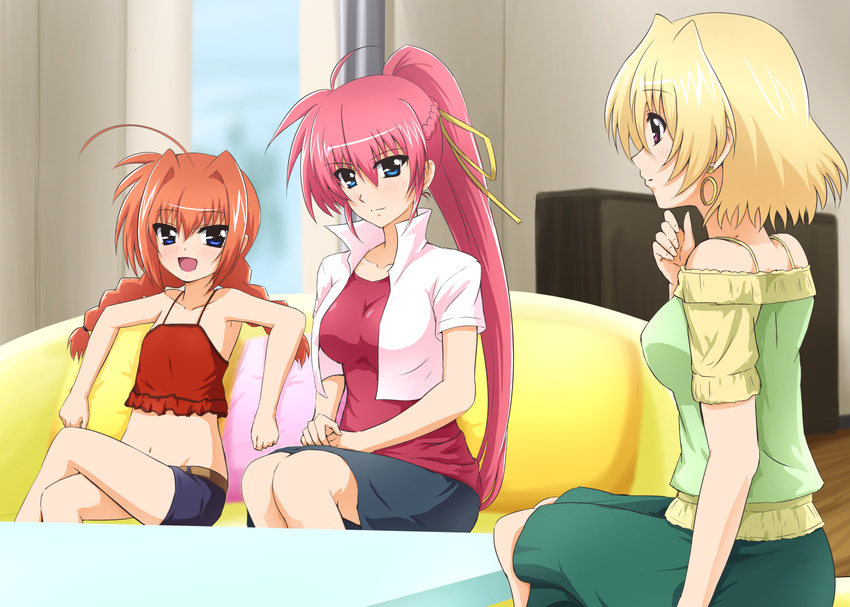 :d ahoge bare_shoulders belt blonde_hair blue_eyes blush braid breasts camisole collarbone couch crop_top denim denim_shorts diesel-turbo earrings flat_chest groin hair_ribbon hoop_earrings jewelry large_breasts long_hair lyrical_nanoha mahou_shoujo_lyrical_nanoha mahou_shoujo_lyrical_nanoha_vivid midriff multiple_girls open_mouth pink_hair ponytail purple_eyes red_hair ribbon shamal shiny shiny_hair short_hair shorts signum sitting skirt smile twin_braids vita