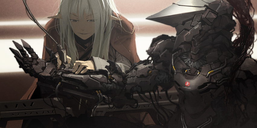 bodysuit cable cloak eyebrows eyebrows_visible_through_hair helmet highres long_hair machinery outstretched_arm parted_lips pixiv_fantasia pixiv_fantasia_t pointy_ears power_armor tsukuba_masahiro upper_body white_hair wire