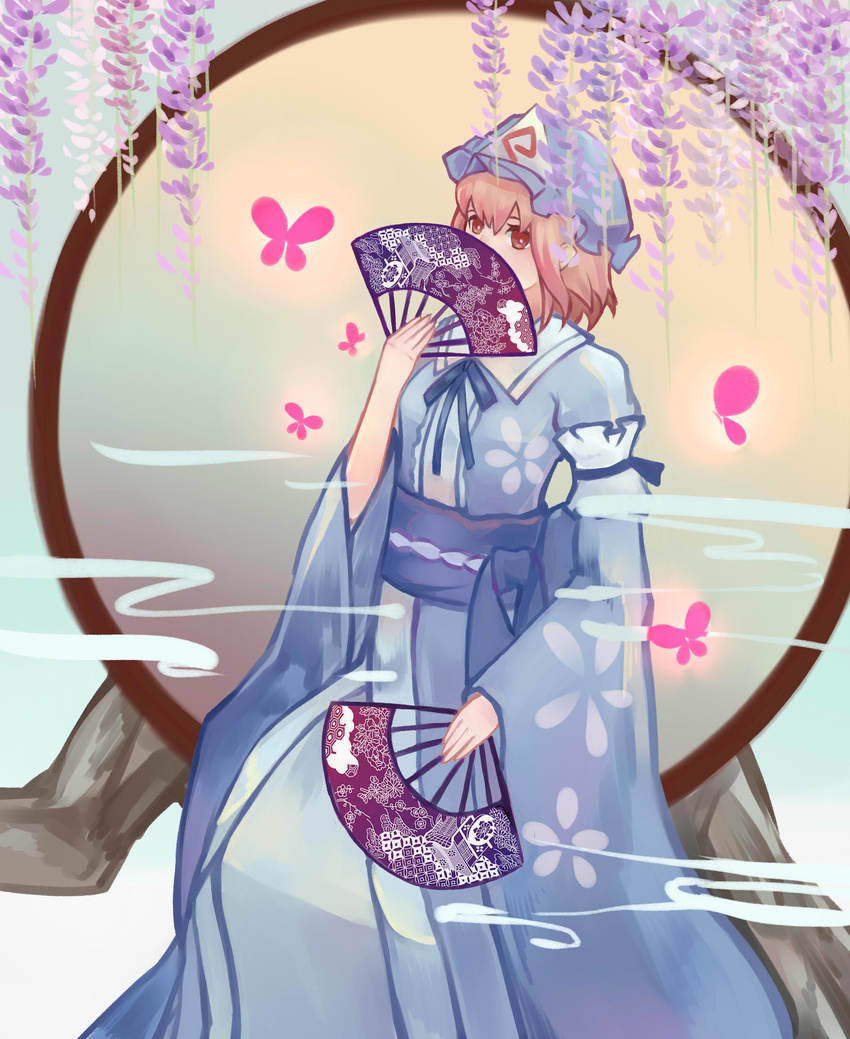 arm_garter bug butterfly covering_mouth flower goshoguruma gradient gradient_background hat highres huangshiyu05 insect japanese_clothes kimono mob_cap pink_hair red_eyes saigyouji_yuyuko saigyouji_yuyuko's_fan_design shippou_(pattern) short_hair sitting solo touhou triangular_headpiece wisteria