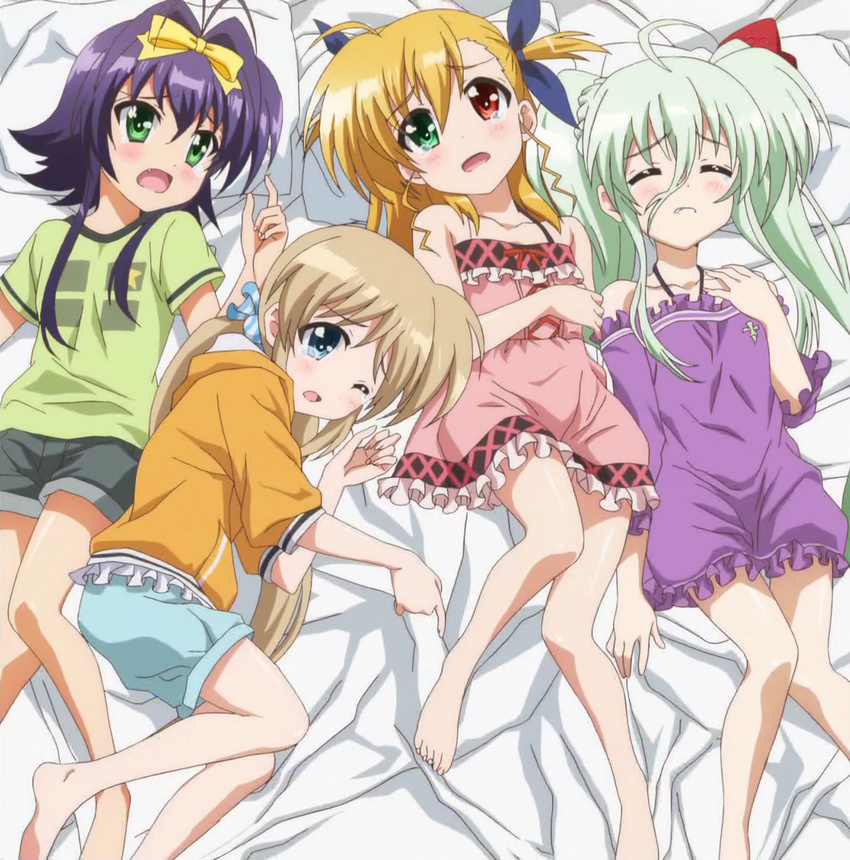 aqua_eyes barefoot bed blonde_hair brown_hair closed_eyes corona_timir einhart_stratos green_eyes green_hair heterochromia highres lyrical_nanoha mahou_shoujo_lyrical_nanoha_vivid multiple_girls ponytail purple_hair red_eyes rio_wezley screencap short_hair twintails vivio