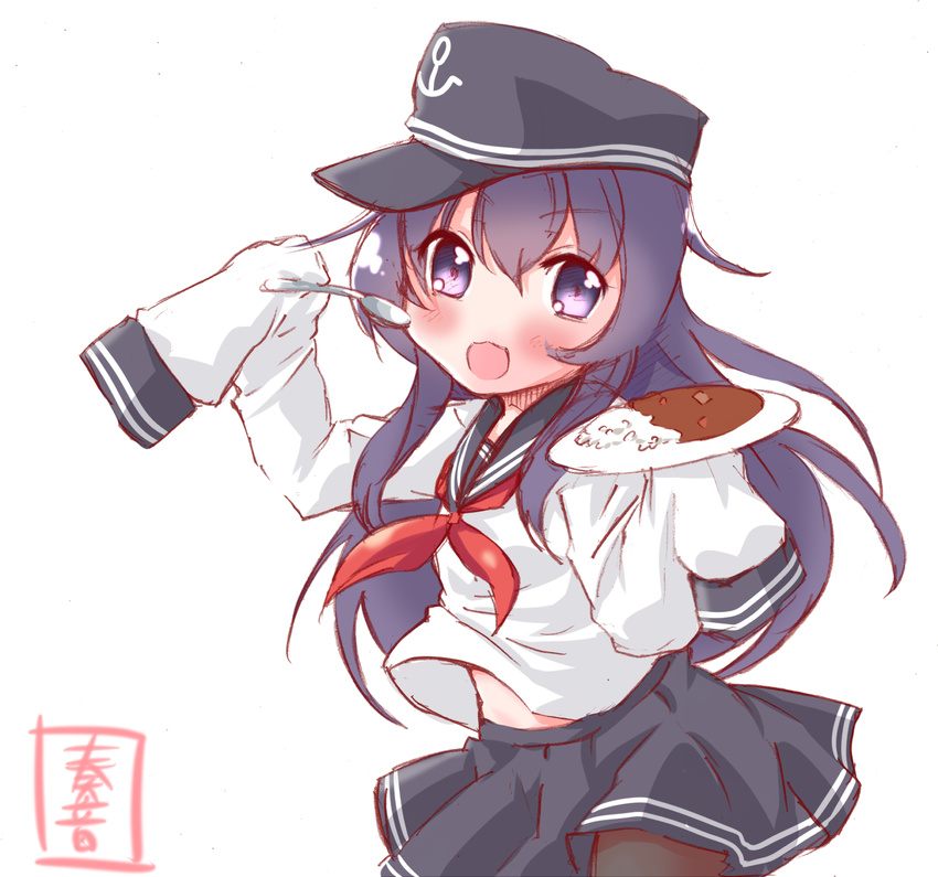 :d akatsuki_(kantai_collection) artist_name black_eyes black_hair curry curry_rice flat_cap food hat highres kanon_(kurogane_knights) kantai_collection long_hair long_sleeves looking_at_viewer midriff neckerchief open_mouth pantyhose pleated_skirt red_neckwear rice school_uniform serafuku signature skirt sleeves_past_fingers sleeves_past_wrists smile solo spoon v-shaped_eyebrows