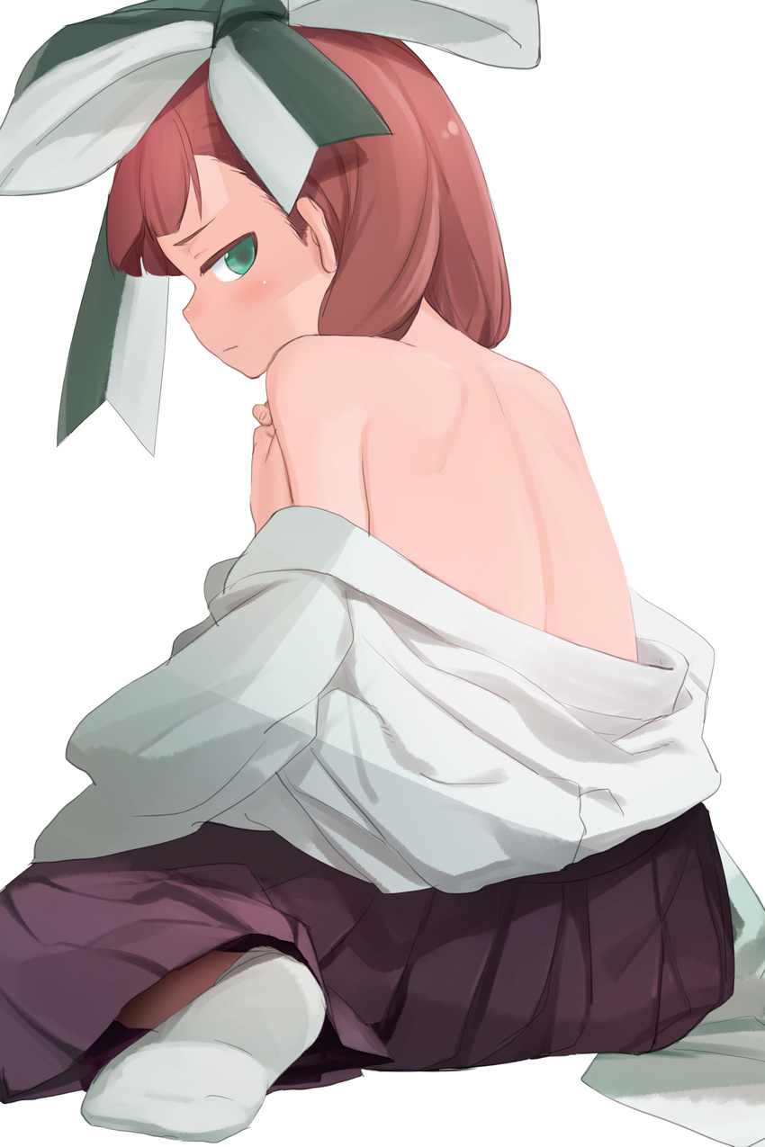 absurdres anne_(wixoss) bare_back bare_shoulders bow covering expressionless from_behind green_eyes hair_bow highres looking_at_viewer looking_back off_shoulder pleated_skirt red_hair seiza shaded_face shamonabe simple_background sitting skirt socks solo upper_body white_background white_legwear wixoss