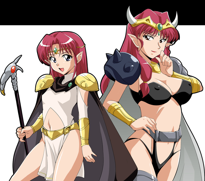 :d age_difference armor azalyn bandeau bangs belt bikini blue_eyes breasts cape circlet cleavage covered_nipples cowboy_shot gem gorget ground hair_over_shoulder hand_on_hip holding holding_weapon horned_headwear horns large_breasts light_smile lipstick long_hair lowleg lowleg_bikini makeup mature multiple_girls musekinin_kanchou_tylor navel navel_cutout no_panties open_mouth pauldrons pelvic_curtain pointy_ears red_hair ryumage shia_has sidelocks simple_background small_breasts smile spikes staff standing swimsuit turtleneck vambraces weapon white_background