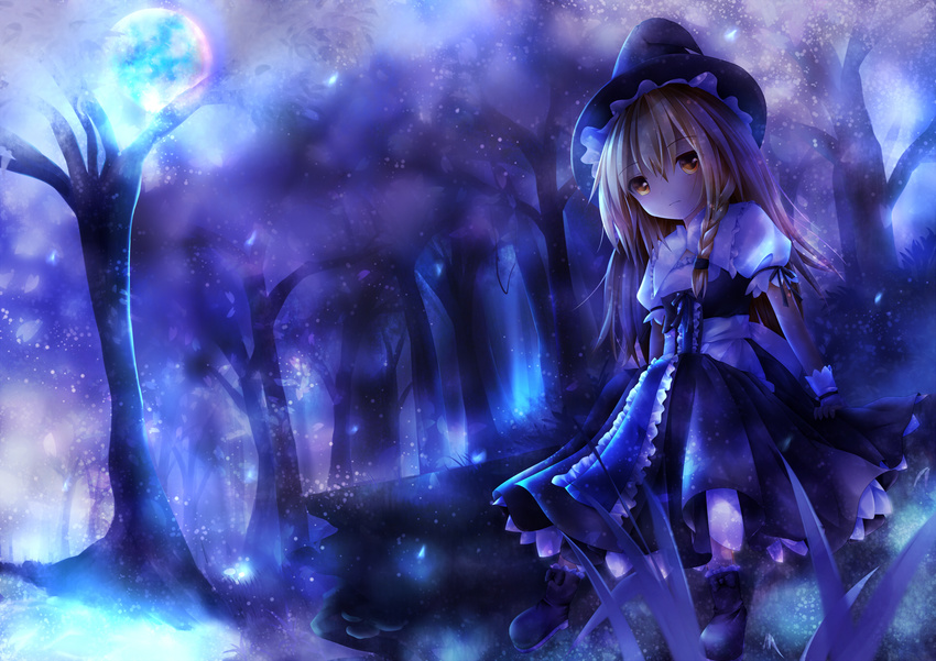 ankle_boots blonde_hair boots braid forest full_moon furomaaju_(fromage) grass hair_ribbon hat highres kirisame_marisa light_frown light_particles log long_hair moon nature night puffy_short_sleeves puffy_sleeves ribbon short_sleeves single_braid sitting skirt skirt_set solo touhou tress_ribbon witch_hat wrist_cuffs yellow_eyes