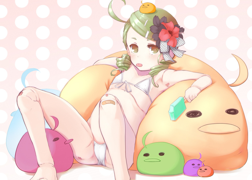 :p ahoge bandaid bandaid_on_knee bikini blush covered_nipples doll_joints drill_hair flat_chest food green_eyes green_hair kanaria pillow popsicle rozen_maiden shiro-inu sitting swimsuit tongue tongue_out twin_drills