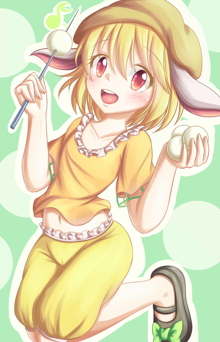 absurdres animal_ears blonde_hair bunny_ears collarbone dango dior-zi eighth_note flat_cap floppy_ears folded_leg food green_background hat highres jumping looking_at_viewer mary_janes midriff musical_note navel open_mouth orange_shirt red_eyes ringo_(touhou) shirt shoe_ribbon shoes short_hair shorts skewer solo touhou wagashi
