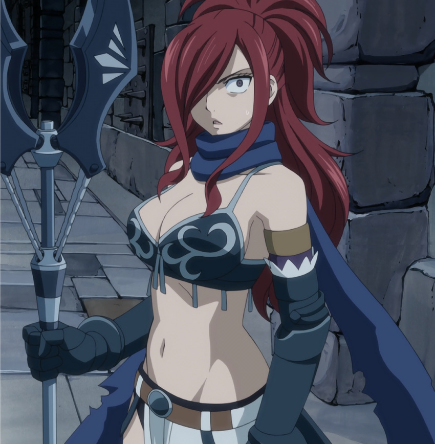 1girl armor bare_shoulders breasts cleavage erza_knightwalker erza_scarlet fairy_tail female hair_over_one_eye highres large_breasts long_hair navel red_hair scarf screencap serious solo spear stitched surprised