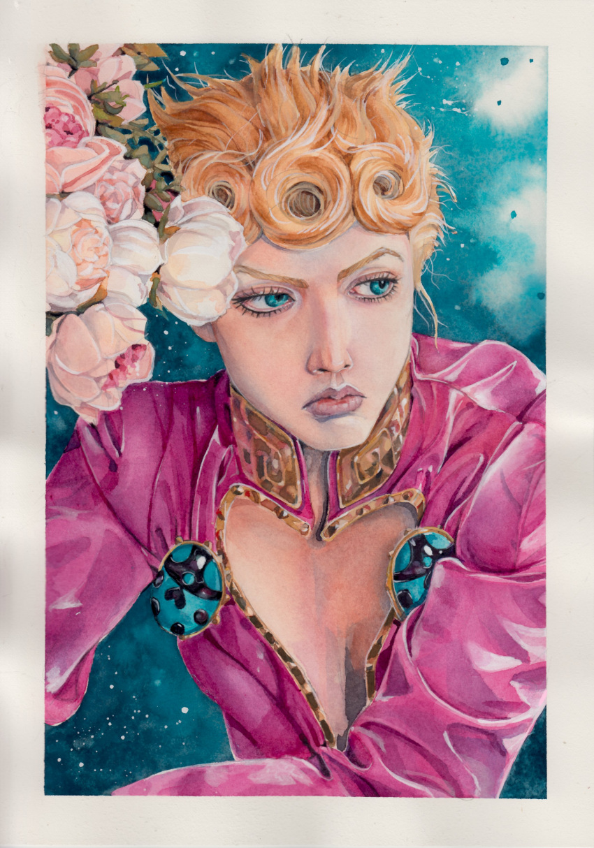 1boy absurdres blonde_hair blue_eyes cleavage_cutout clothing_cutout curly_hair flower giorno_giovanna high_collar highres jacket jojo_no_kimyou_na_bouken ladybug_ornament lips long_sleeves looking_to_the_side painting_(medium) pink_jacket realistic traditional_media upper_body vento_aureo watercolor_(medium) xfkart