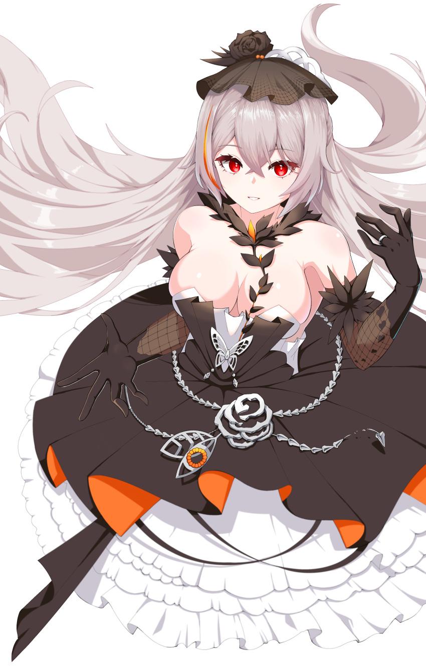 1girl :d absurdres alternate_breast_size alternate_hairstyle bails black_dress black_gloves breasts bronya_zaychik bronya_zaychik_(black_nucleus) bronya_zaychik_(fleurs_du_mal) cleavage dress elbow_gloves funeral_dress gloves grey_hair grin hair_ornament highres honkai_(series) honkai_impact_3rd jewelry long_hair looking_at_viewer medium_breasts red_eyes ring simple_background smile solo strapless strapless_dress teeth very_long_hair wedding_ring white_background