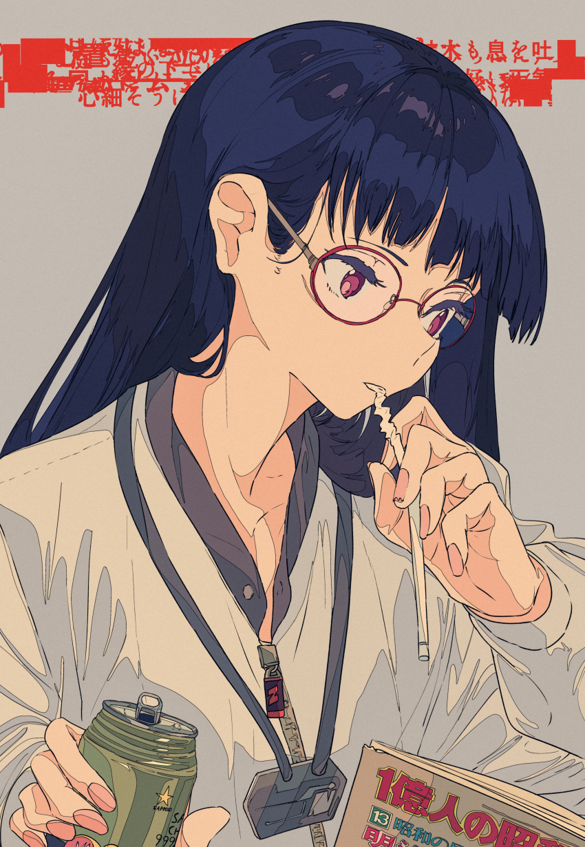 1girl absurdres blue_hair book can drinking_straw glasses grey_background highres holding holding_can huge_filesize kogecha_(coge_ch) long_hair looking_away original red-framed_eyewear red_eyes round_eyewear shirt soda_can solo upper_body white_shirt zipper_pull_tab