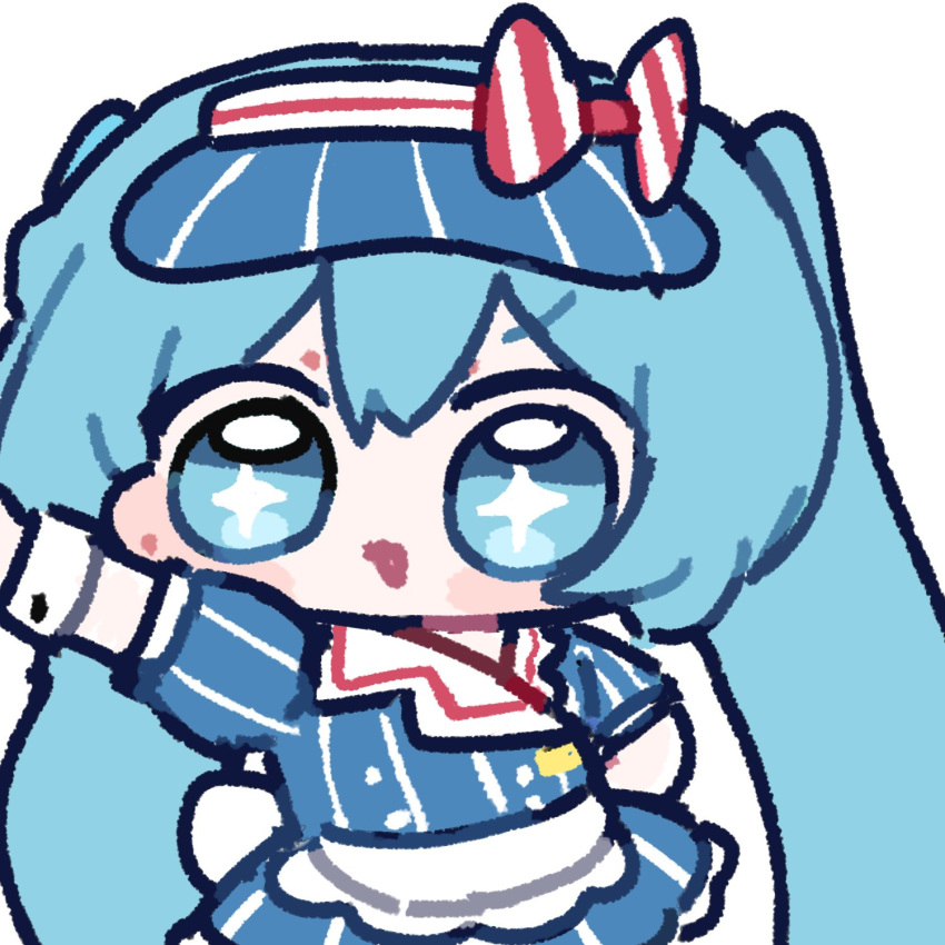 1girl alternate_costume apron blue_dress blue_eyes blue_hair bow dress hair_between_eyes hashtag-only_commentary hat hat_bow hatsune_miku highres mesmerizer_(vocaloid) miratsu_(miratsu169) pinstripe_pattern red_bow sailor_collar short_sleeves simple_background solo star-shaped_pupils star_(symbol) striped_bow symbol-shaped_pupils triangle_mouth twintails visor_cap vocaloid waist_apron white_apron white_background white_bow white_wrist_cuffs wrist_cuffs