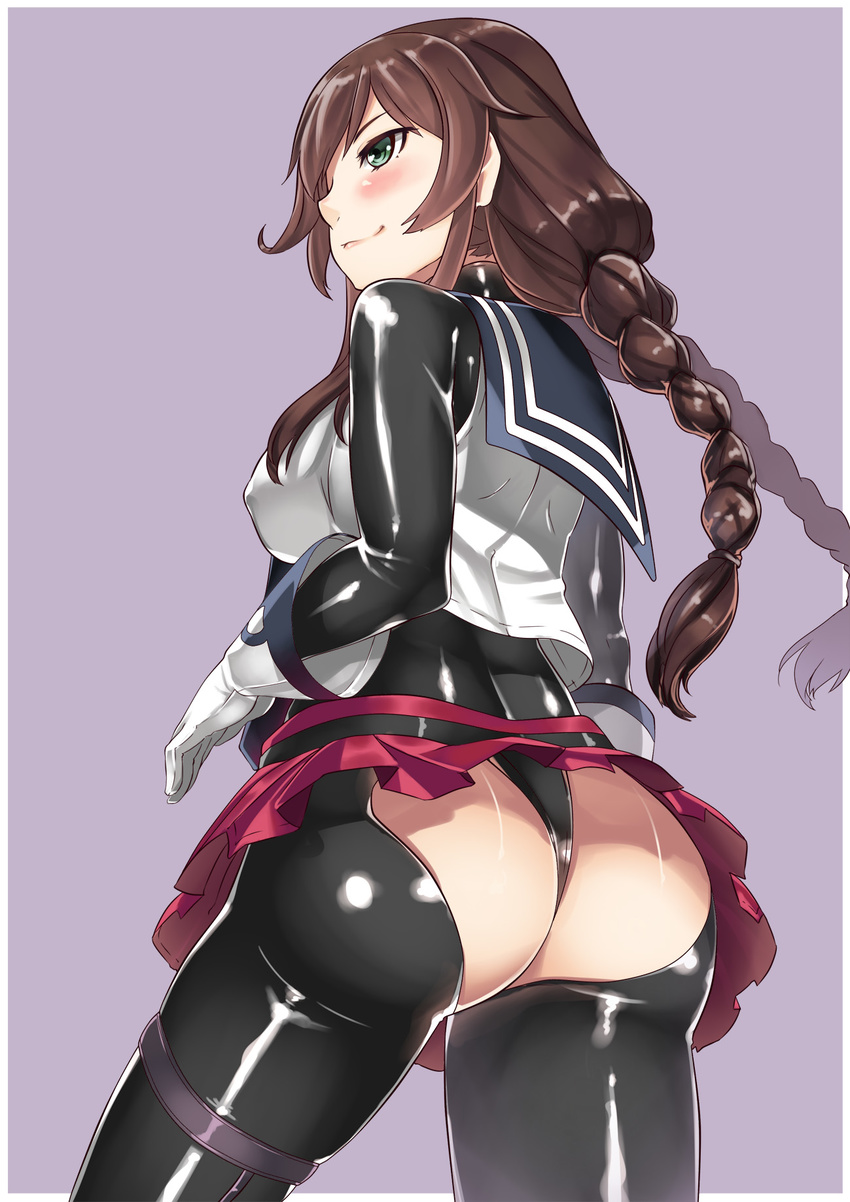 ass blush bodysuit braid breasts brown_hair covered_nipples from_behind gloves green_eyes hiememiko highres kantai_collection large_breasts leotard long_hair noshiro_(kantai_collection) pleated_skirt sailor_collar shiny shiny_clothes shiny_skin skirt smile solo thong_leotard upskirt