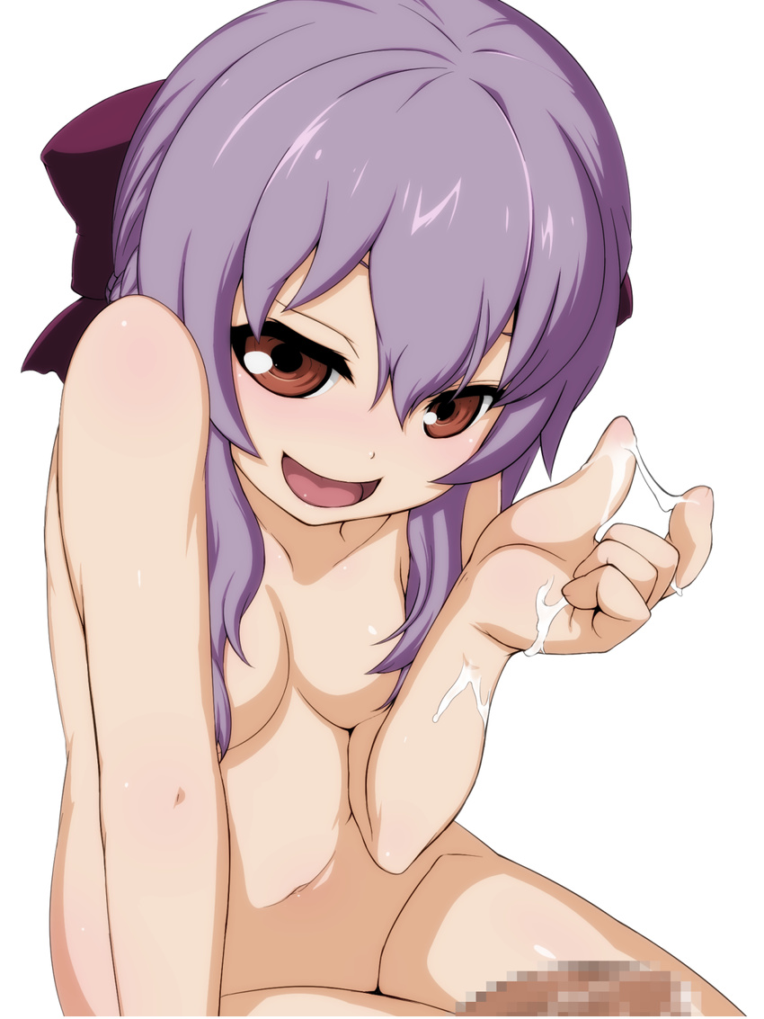 bow breasts brown_eyes censored cum cum_in_hands hair_bow highres hiiragi_shinoa long_hair looking_at_viewer mosaic_censoring nude open_mouth owari_no_seraph penis purple_hair small_breasts smile solo takeda_yukimura