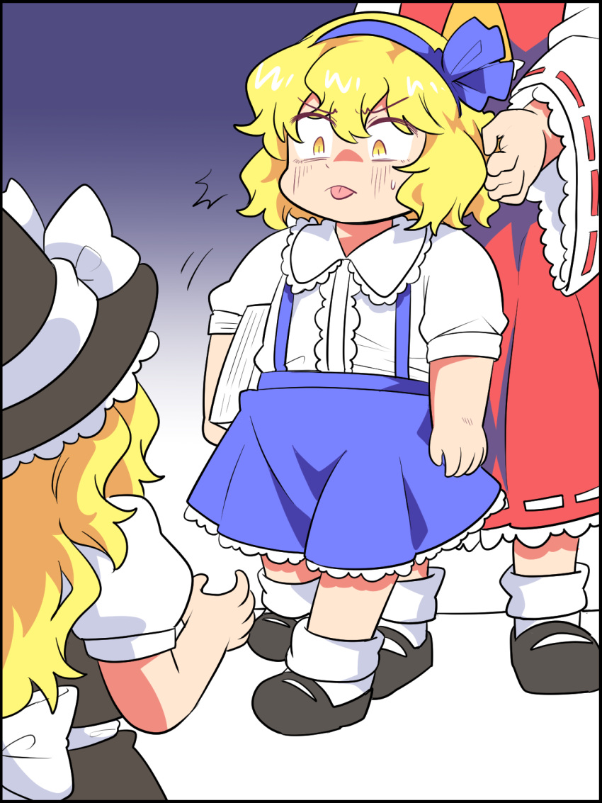 >:p 3girls :p ^^^ alice_margatroid alice_margatroid_(pc-98) angry ascot black_dress black_hat black_shoes blonde_hair blue_bow blue_headband blue_skirt bobby_socks book bow collar constricted_pupils curled_fingers dot_nose dress frilled_collar frilled_skirt frills from_behind frown gradient_background hair_bow hakurei_reimu hat head_out_of_frame headband highres holding holding_book kirisame_marisa long_hair mary_janes motion_lines multiple_girls puffy_short_sleeves puffy_sleeves red_skirt sanpaku sekaihebi shade shirt shoes short_hair short_sleeves skirt socks suspender_skirt suspenders sweatdrop tongue tongue_out touhou white_bow white_shirt white_socks wide_sleeves witch_hat yellow_ascot yellow_eyes