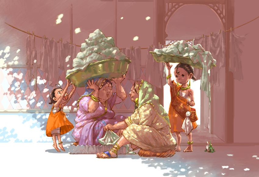 anklet balancing barefoot carrying_overhead child clothes clothes_hanger fantasy frog happy indian_clothes jewelry multiple_girls object_on_head old_woman original sakanaya sandals sari shadow short_hair smile sunlight third_eye washing