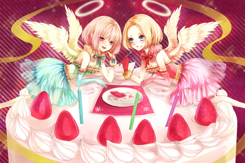 all_fours angel angel_wings bare_shoulders blonde_hair blue_eyes blush bow bowtie cake candle chin_rest clona commentary_request cream dress elbow_gloves feathered_wings food fork frilled_dress frilled_gloves frills fruit fur_collar gloves green_gloves halo lavender_hair looking_at_viewer looking_to_the_side mismatched_gloves multiple_girls open_mouth original purple_eyes red_gloves ribbon semi-transparent short_hair sleeveless smile snowflakes strawberry striped striped_background symmetrical_pose whipped_cream wings yellow_gloves
