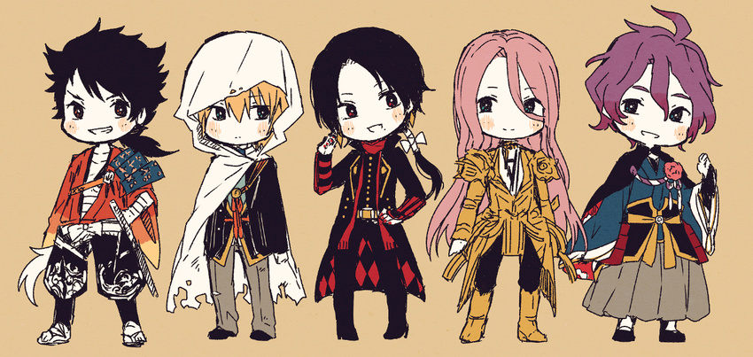 armor blonde_hair blue_eyes brown_hair chibi flower grin hachisuka_kotetsu hand_on_hip hood japanese_clothes kasen_kanesada kashuu_kiyomitsu male_focus matsuki_(mikipingpong) multiple_boys mutsu-no-kami_yoshiyuki pink_hair ponytail purple_hair red_eyes smile touken_ranbu yamanbagiri_kunihiro