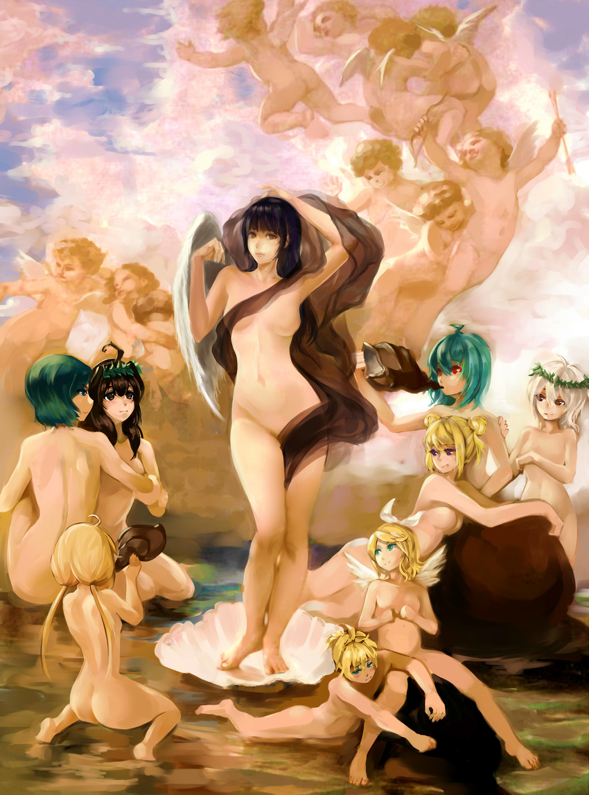 6+girls absurdres ahoge angel angel_wings aqua_eyes arrow ass back bad_id bad_pixiv_id barefoot birth_of_venus black_hair blonde_hair bow_(weapon) brown_eyes brown_hair character_request cloud fine_art_parody futaba_anzu green_eyes gumi highres hug idolmaster idolmaster_cinderella_girls kagamine_len kagamine_rin kazami_yuuka long_hair multiple_girls navel no_nipples nude parody red_eyes seashell shell short_hair silver_hair smile touhou twintails vocaloid water weapon wings